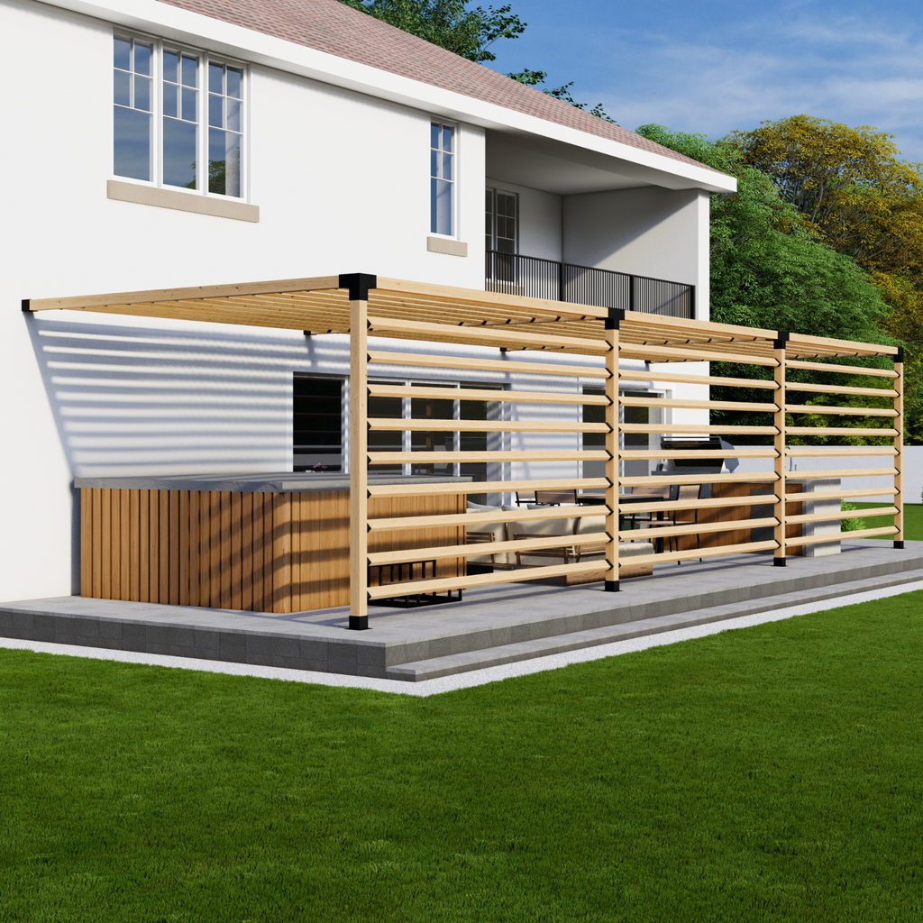 Kit for a Pergola Attached to House With Roof