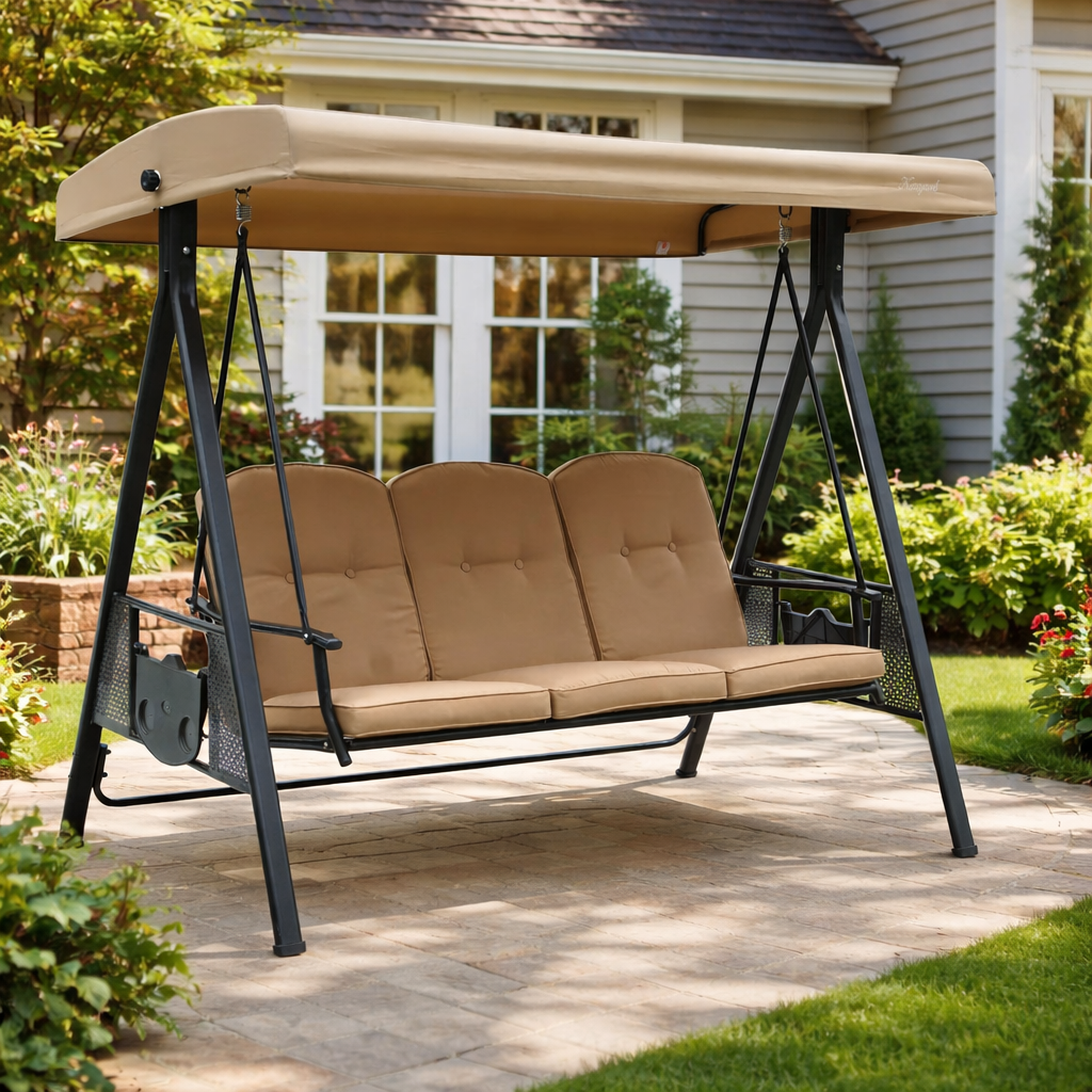 Kozyard Herbert Deluxe 3-Seat Patio Porch Swing with Stand, Adjustable Canopy, Outdoor Freestanding Swing Chair for Backyard, Poolside, Balcony, Weather-Resistant