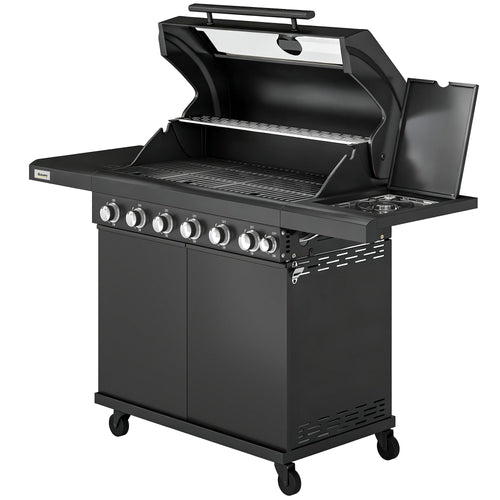 Barbecue à gaz 6+1 brûleurs avec meuble et fenêtre de contrôle, noir