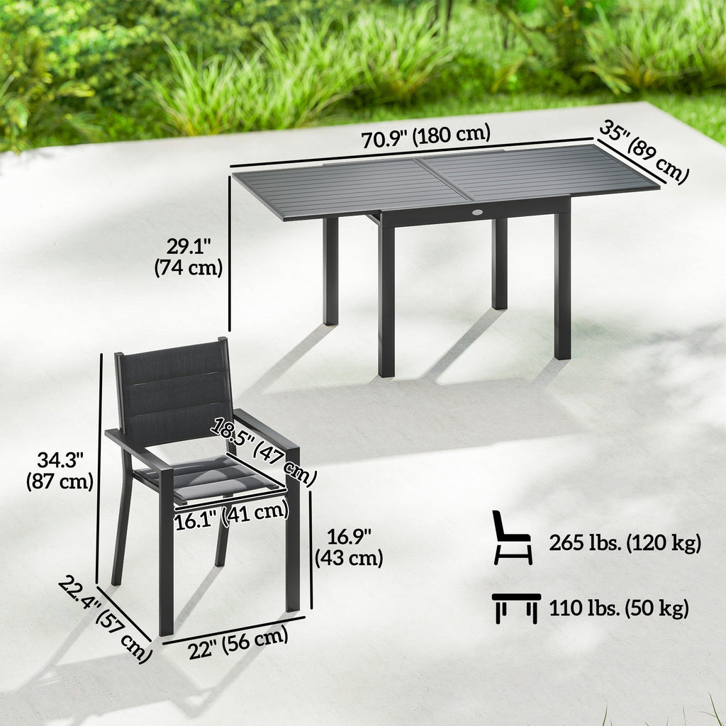 7pc Patio Dining Set with Expandable Table and Stackable Chairs, Black