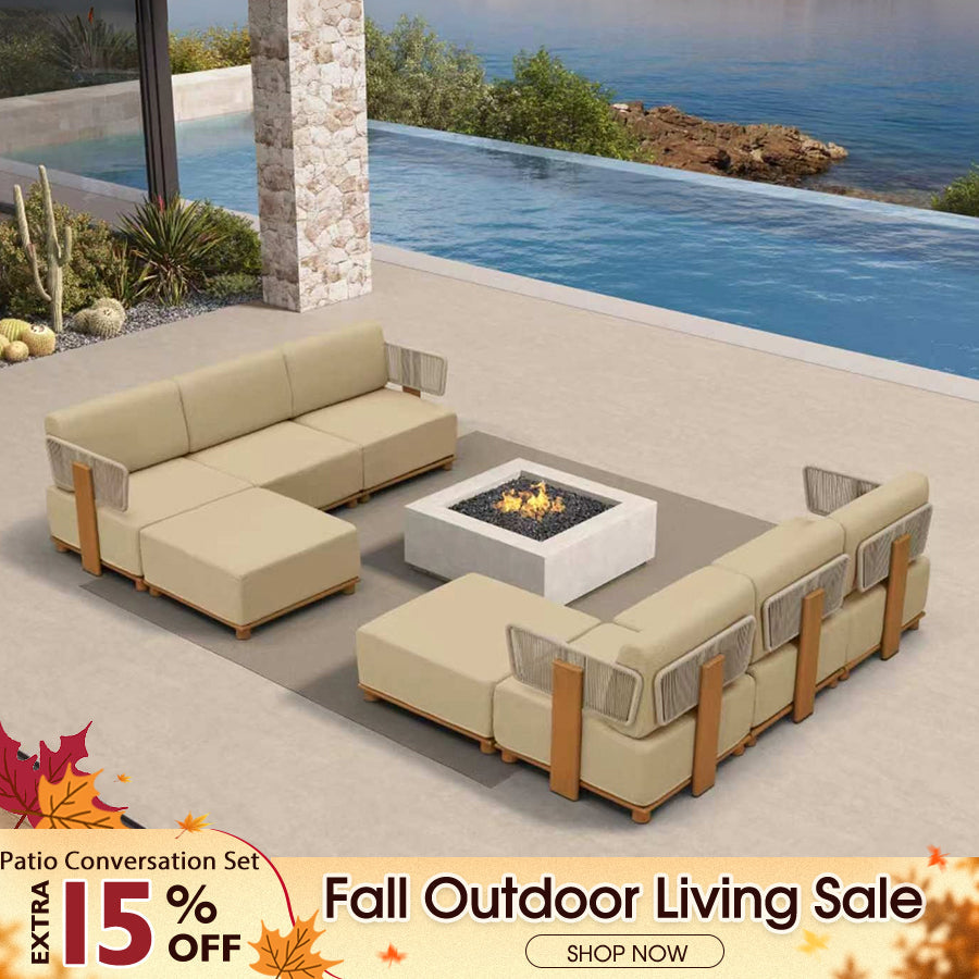 PURPLE LEAF Breck L-Shaped Modular Outdoor Sectional with Wood-Grain Aluminum Frame and Thick Teak-Colored Cushions for Luxury Backyard Lounge
