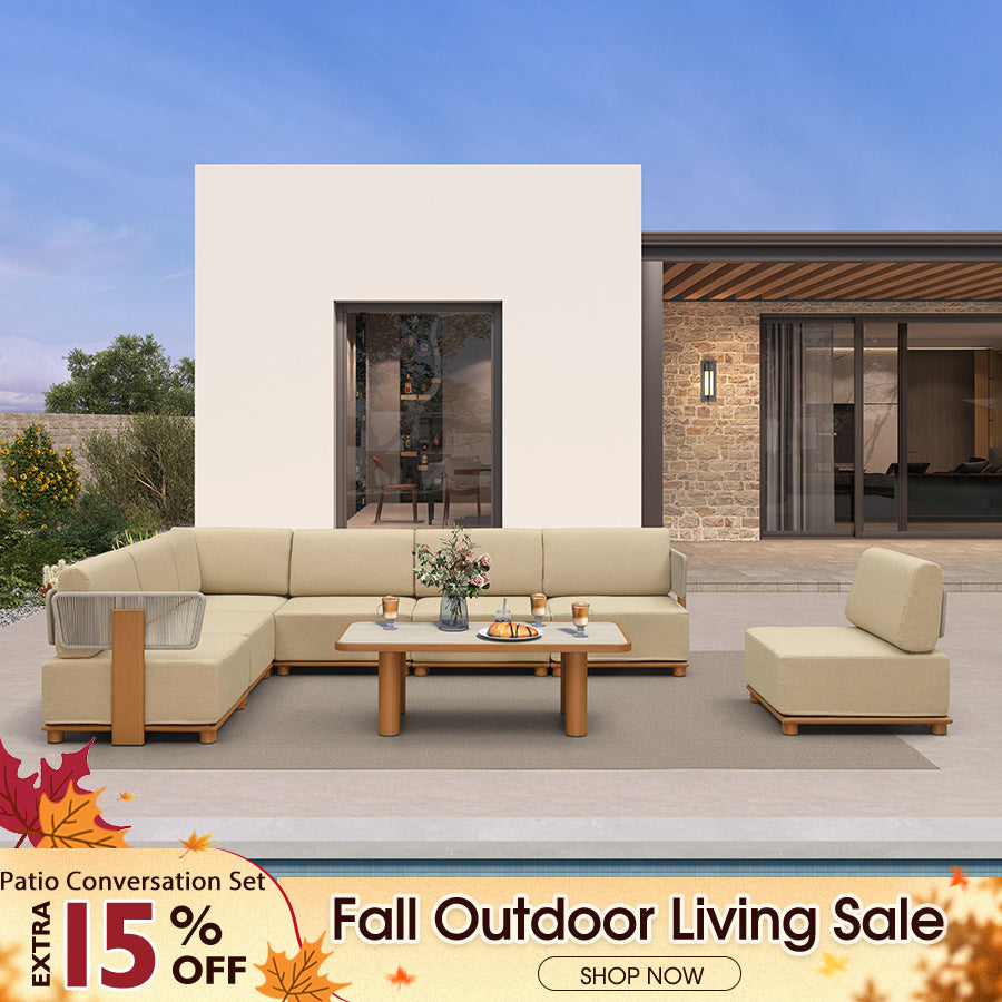 PURPLE LEAF Breck Open-End Modular Outdoor Sectional with Wood-Grain Aluminum Frame and Thick Teak-Colored Cushions for Open-Air Comfort