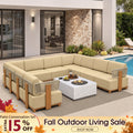 PURPLE LEAF Breck U-Shaped Modular Outdoor Sectional with Wood-Grain Aluminum Frame and Thick Teak-Colored Cushions for Family Entertaining