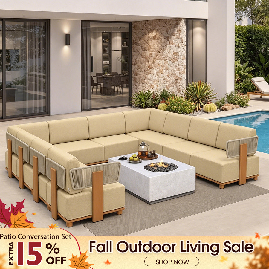 PURPLE LEAF Breck U-Shaped Modular Outdoor Sectional with Wood-Grain Aluminum Frame and Thick Teak-Colored Cushions for Family Entertaining