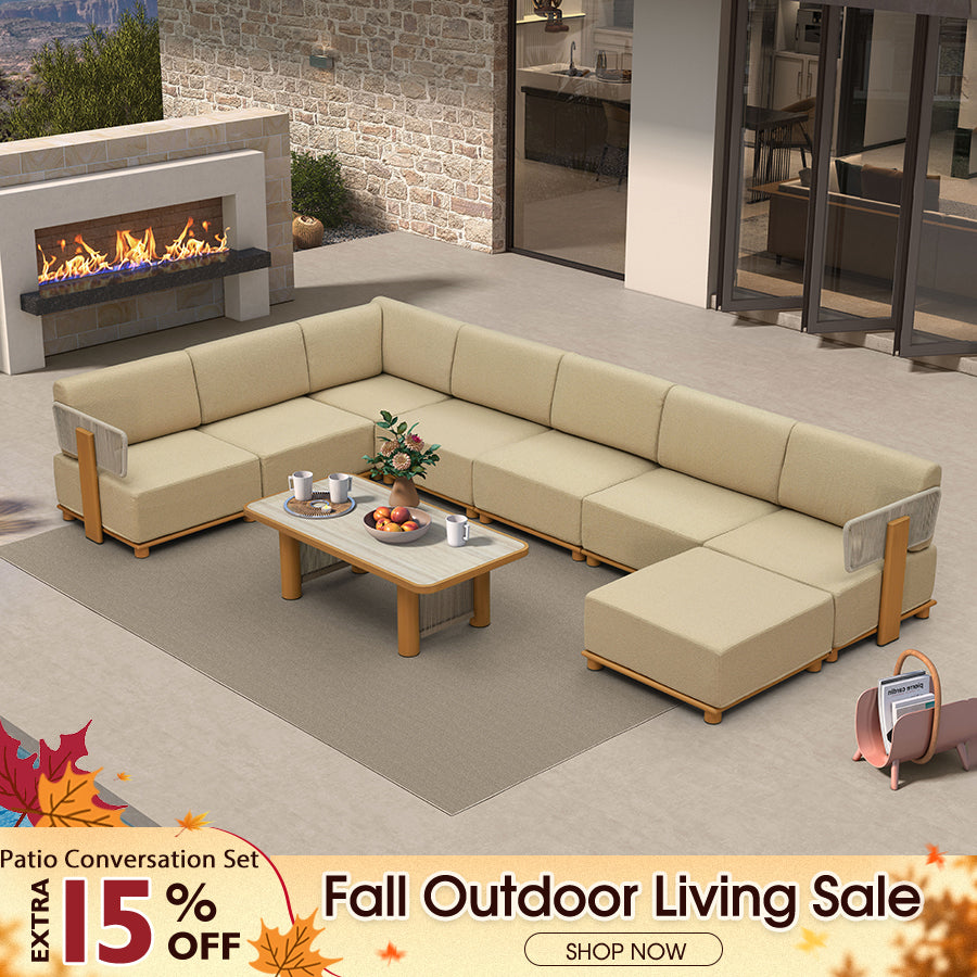 PURPLE LEAF Breck U-Shaped  with table Modular Outdoor Sectional with Wood-Grain Aluminum Frame and Thick Teak-Colored Cushions for Family Entertaining
