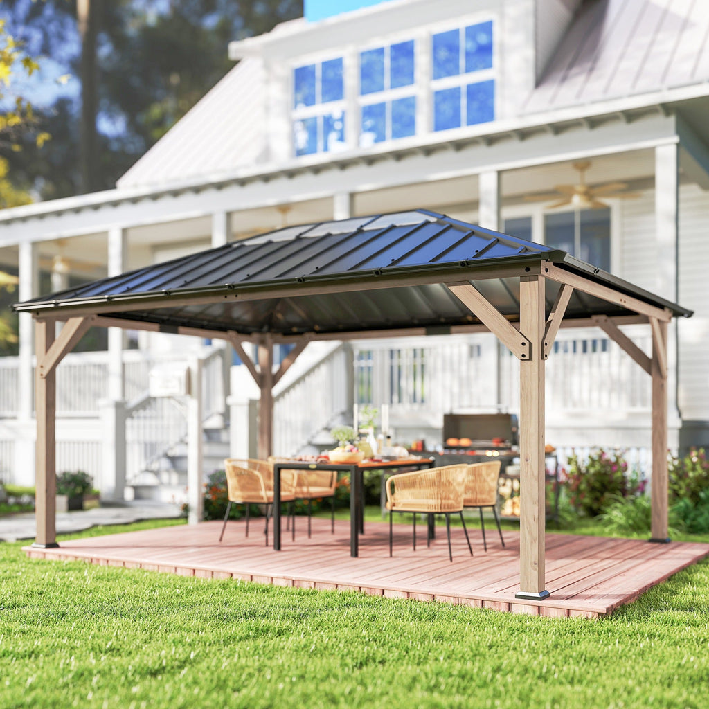 12' x 16' Wood Hardtop Gazebo with Clear Roof, Light Walnut