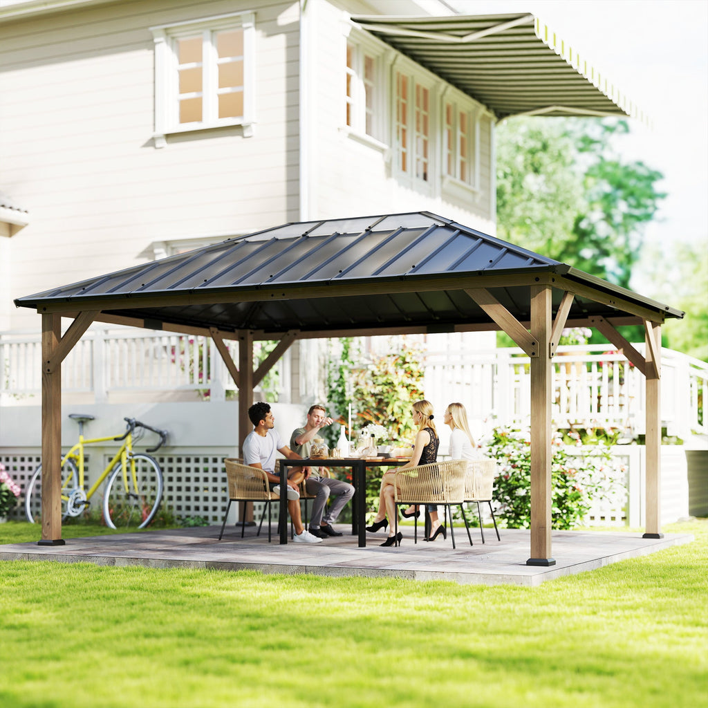 12' x 16' Wood Hardtop Gazebo with Clear Roof, Light Walnut
