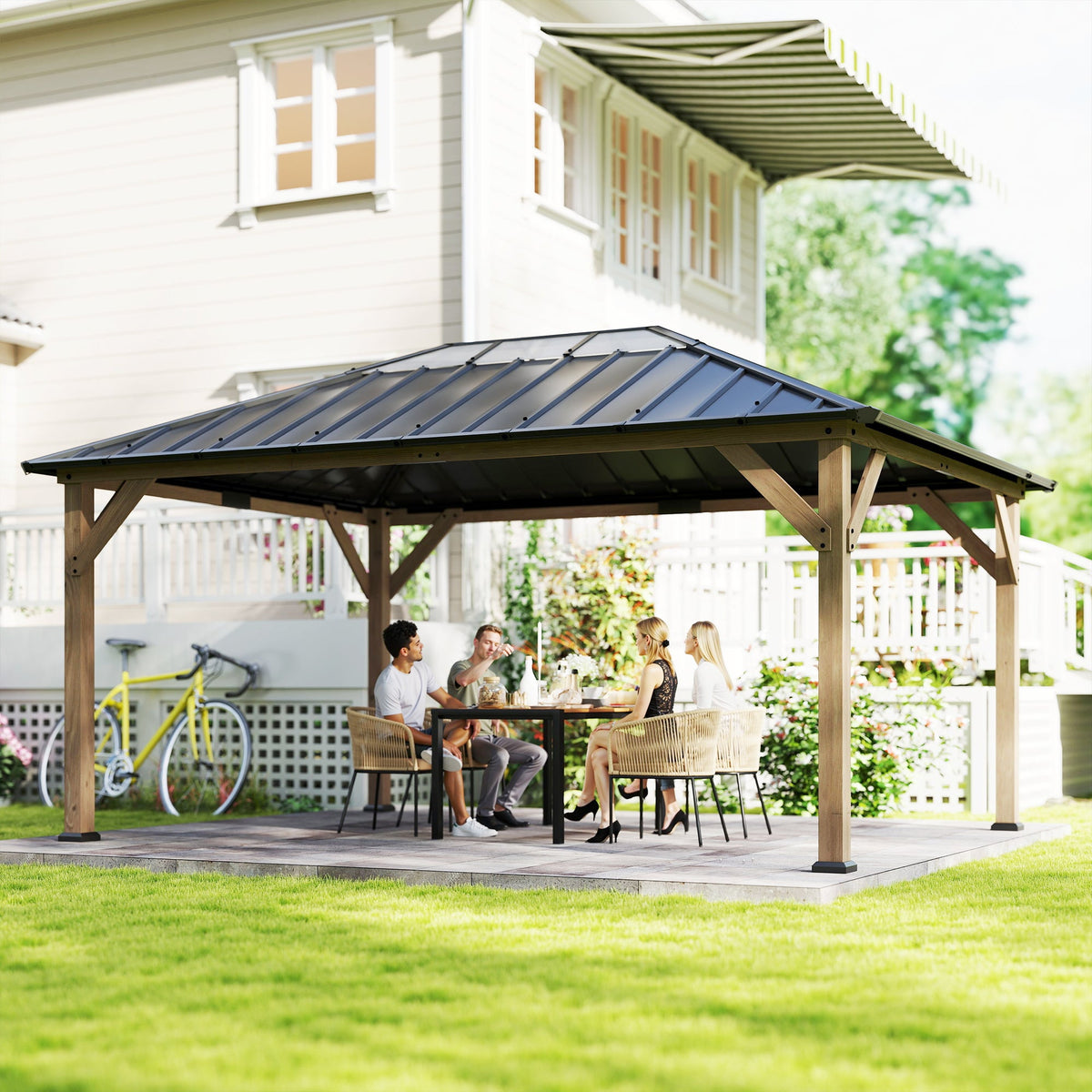 12' x 16' Wood Hardtop Gazebo with Clear Roof, Light Walnut