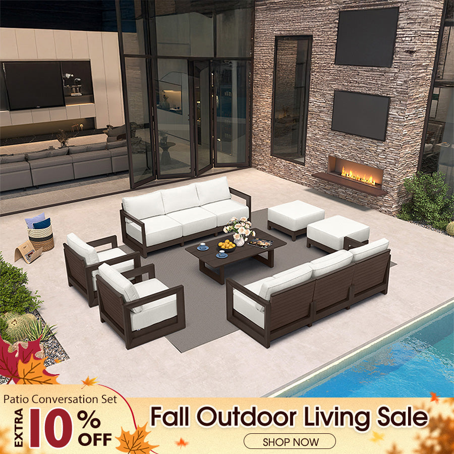 PURPLE LEAF Caesar Enclosed Patio Conversation Set with Bronze Cushion Pillows and Ottoman for Porch Garden
