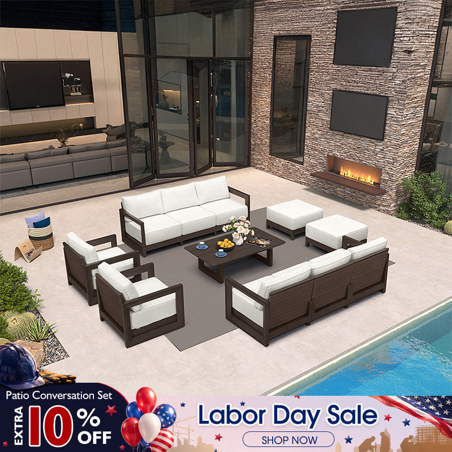 PURPLE LEAF Caesar Enclosed Patio Conversation Set with Bronze Cushion Pillows and Ottoman for Porch Garden