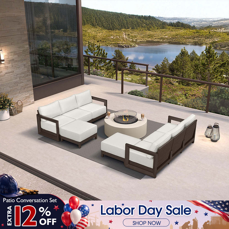 PURPLE LEAF Caesar L-shaped Patio Conversation Set with Bronze Cushion Pillows and Ottoman Couch for Backyard Porch
