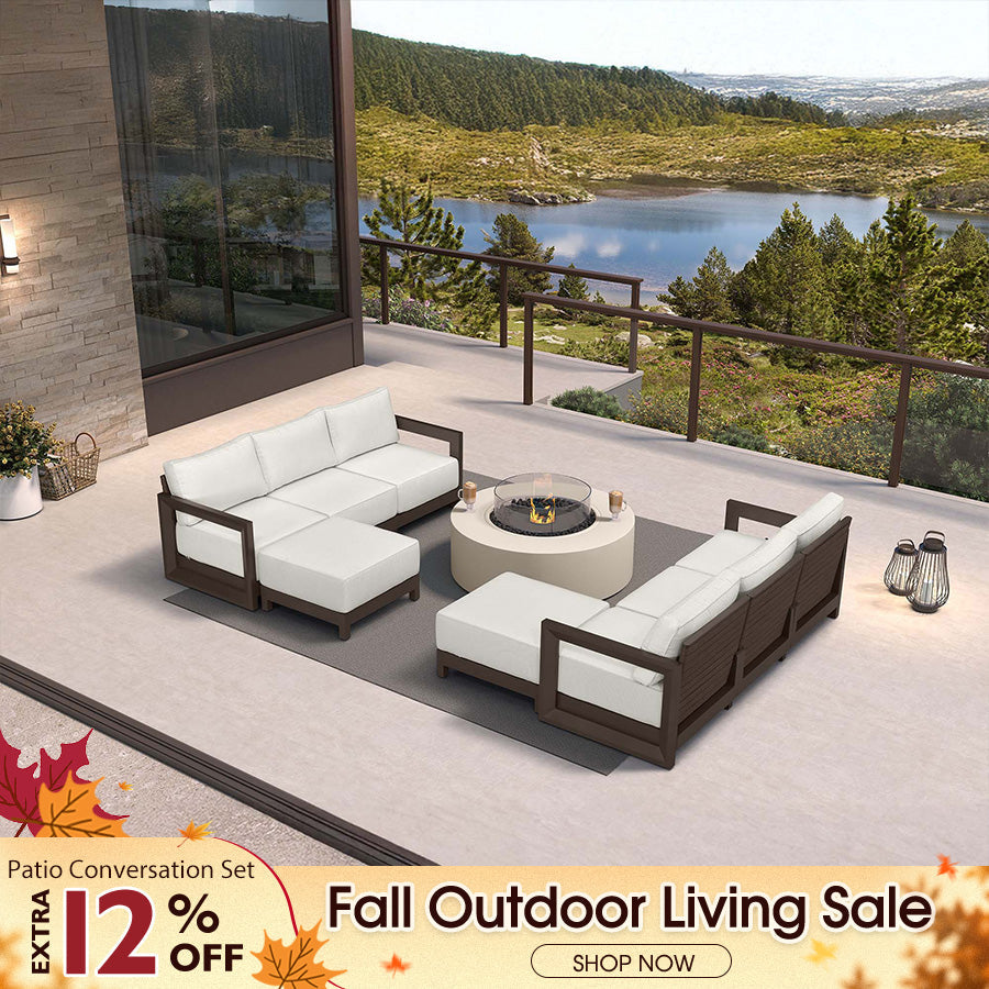 PURPLE LEAF Caesar L-shaped Patio Conversation Set with Bronze Cushion Pillows and Ottoman Couch for Backyard Porch