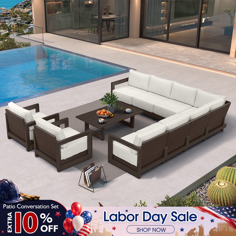 PURPLE LEAF Caesar Open-End Patio Conversation Set with Bronze Cushion Pillows and Ottoman for Modern Outdoor Deck