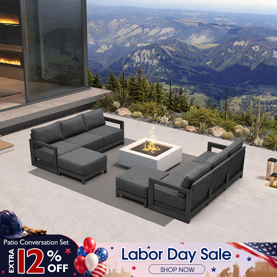 PURPLE LEAF Caesar L-shaped Patio Conversation Set with Grey Cushion Pillows and Ottoman Couch for Backyard Porch