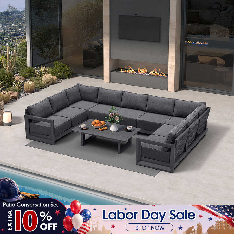 PURPLE LEAF Caesar U-Shaped Patio Conversation Set with Grey Cushion Pillows and Ottoman Couch for Patio Backyard