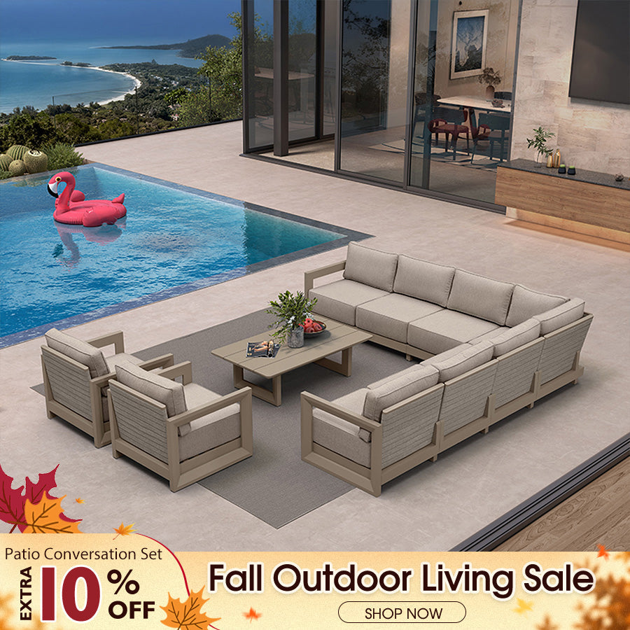 PURPLE LEAF Caesar Open-End Patio Conversation Set with Khaki Cushion Pillows and Ottoman for Modern Outdoor Deck