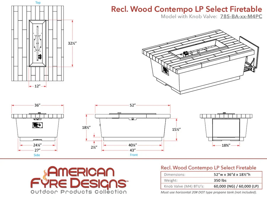 American Fyre Designs Contempo LP Select Firetable with Tank Drawer