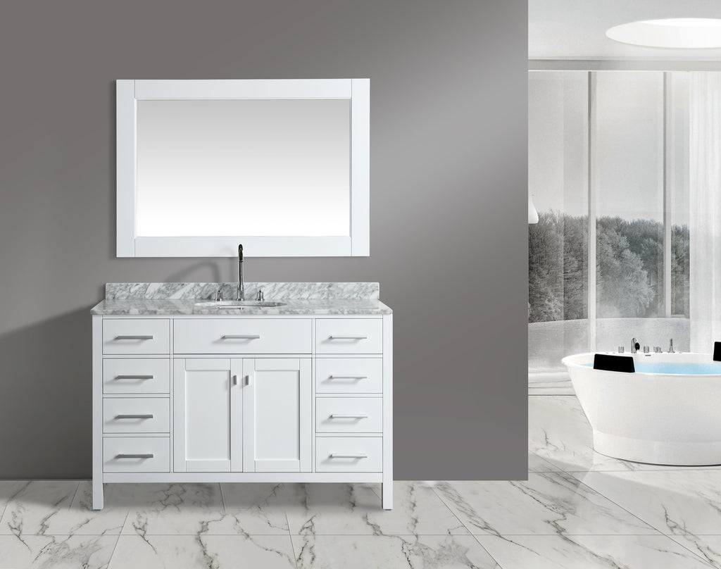 Meuble vasque simple London 54" blanc avec plan en marbre et miroir assorti