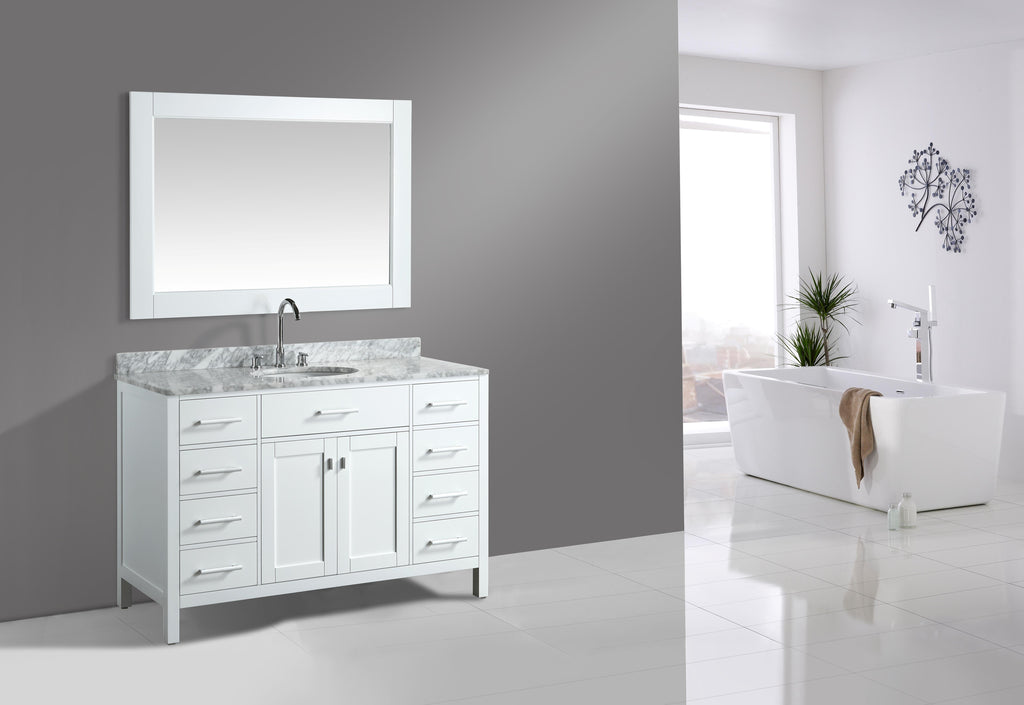 Meuble vasque simple London 54" blanc avec plan en marbre et miroir assorti