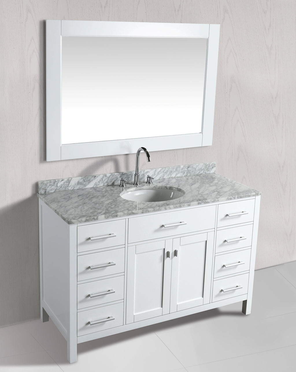 Meuble vasque simple London 54" blanc avec plan en marbre et miroir assorti