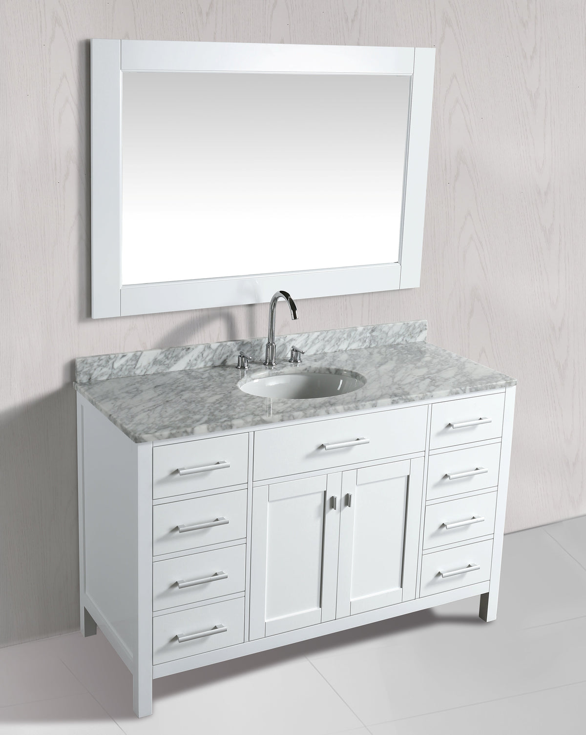 Meuble vasque simple London 54" blanc avec plan en marbre et miroir assorti