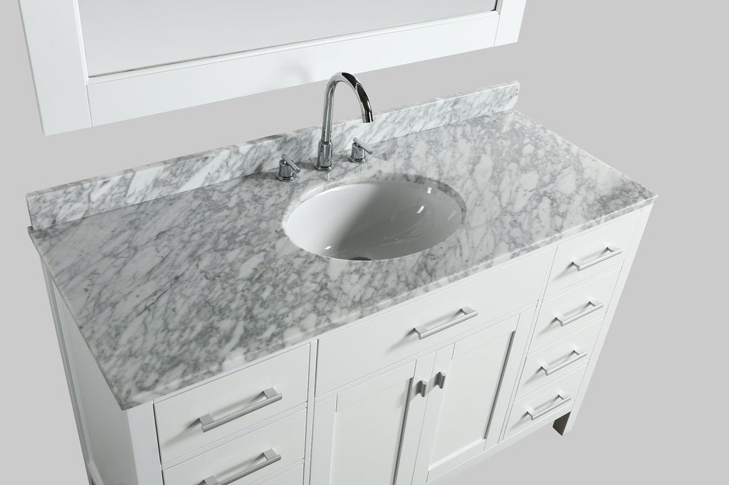 Meuble vasque simple London 54" blanc avec plan en marbre et miroir assorti