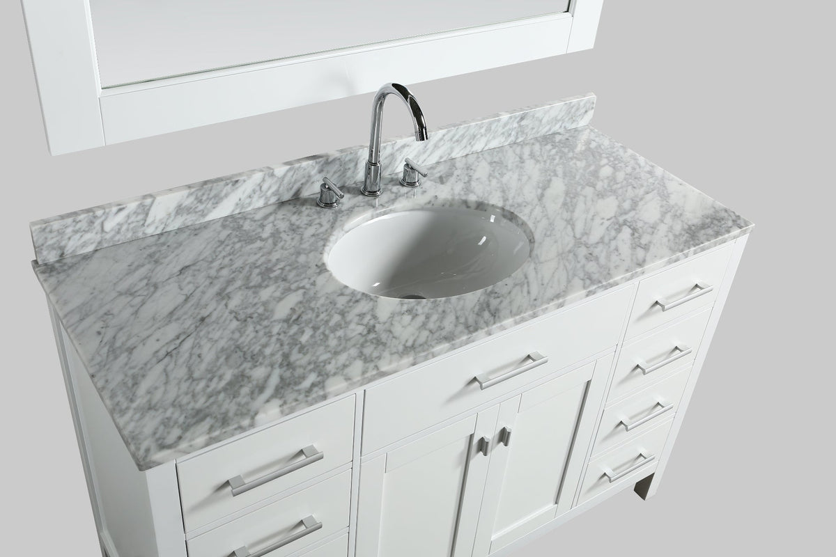 Meuble vasque simple London 54" blanc avec plan en marbre et miroir assorti