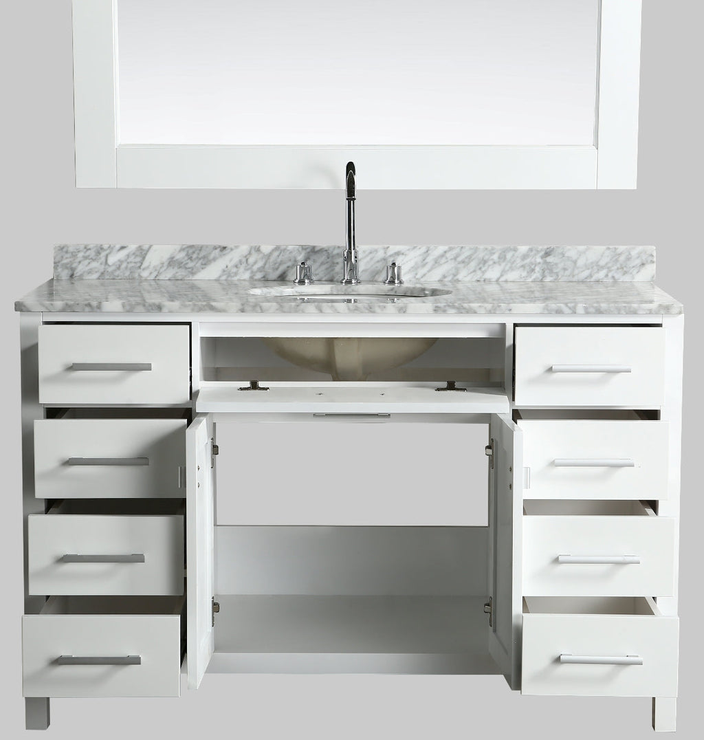 Meuble vasque simple London 54" blanc avec plan en marbre et miroir assorti