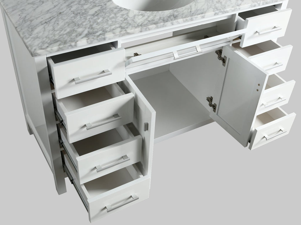 Meuble vasque simple London 54" blanc avec plan en marbre et miroir assorti