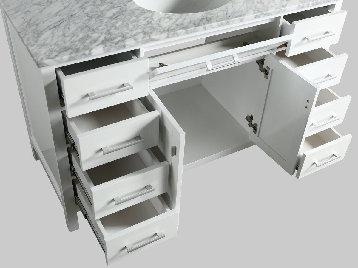 Meuble vasque simple London 54" blanc avec plan en marbre et miroir assorti