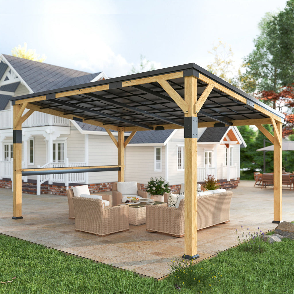 PerArbor 10' x 14' Wooden Lean-to Gazebo with Galvanized Steel Sloped Roof and Bar Shelf