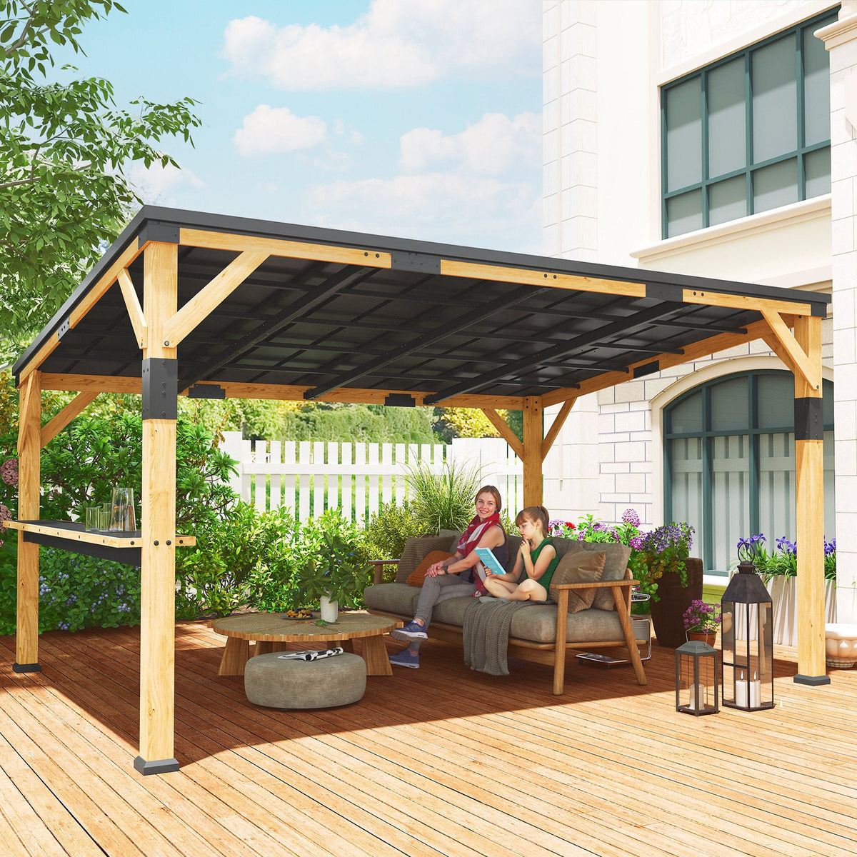 PerArbor 10' x 14' Wooden Lean-to Gazebo with Galvanized Steel Sloped Roof and Bar Shelf