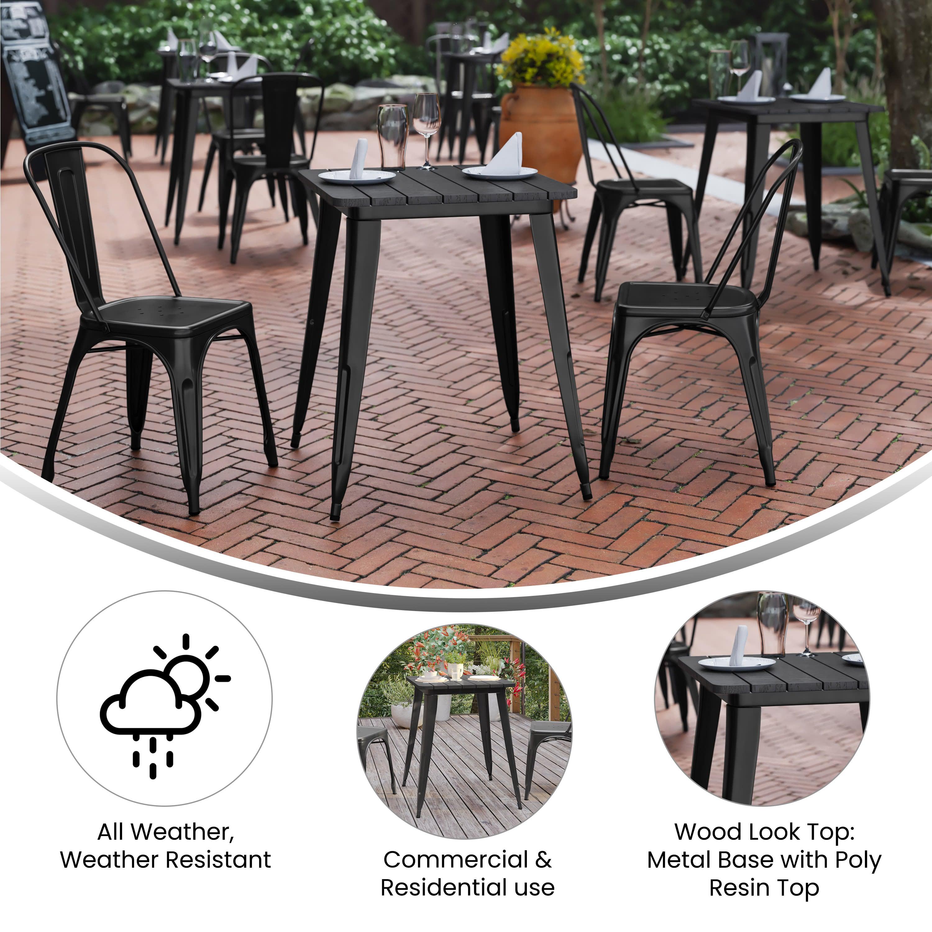 Declan Commercial Grade Indoor/Outdoor Dining Table, 23.75" Square All Weather Poly Resin Top with Steel Base