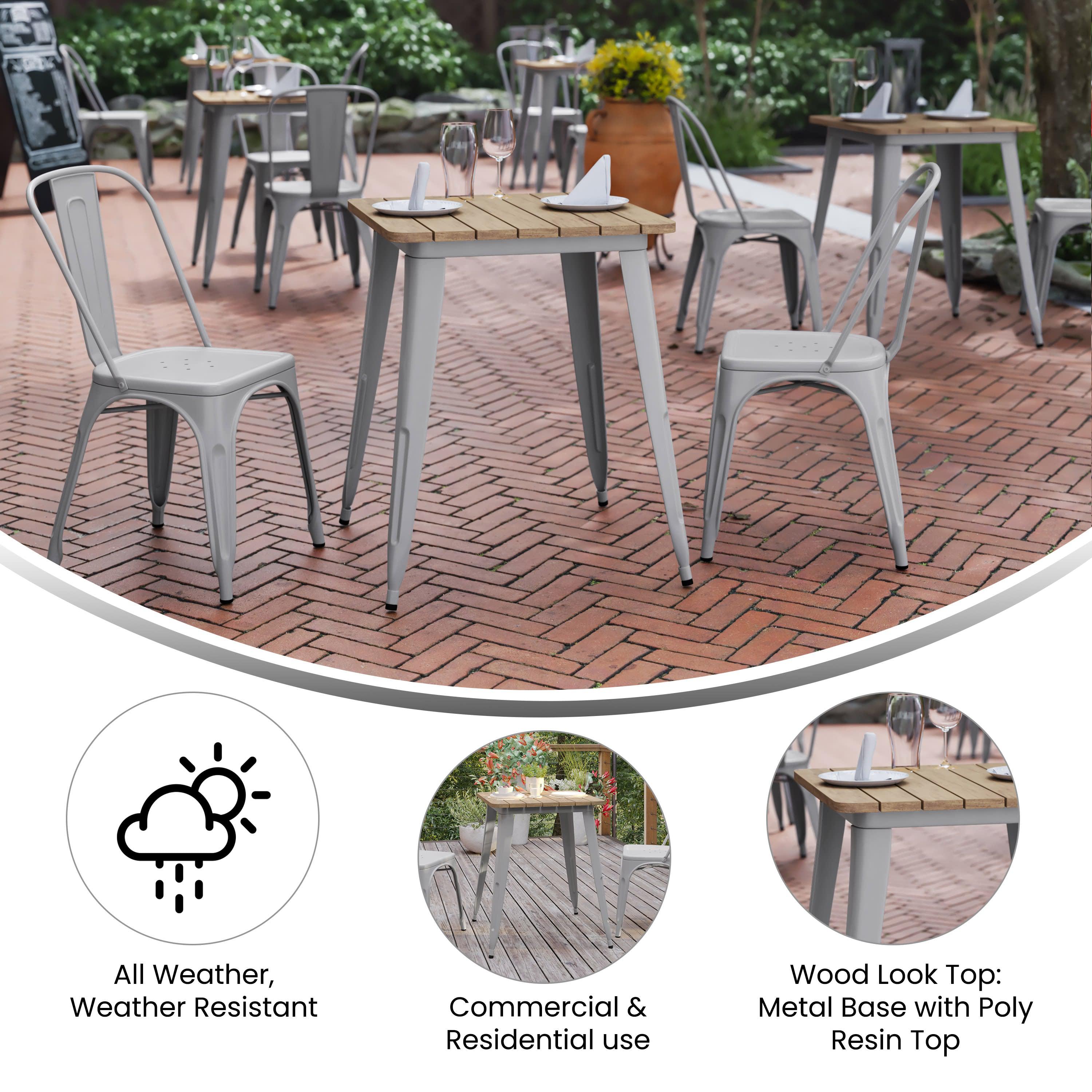 Declan Commercial Grade Indoor/Outdoor Dining Table, 23.75" Square All Weather Poly Resin Top with Steel Base