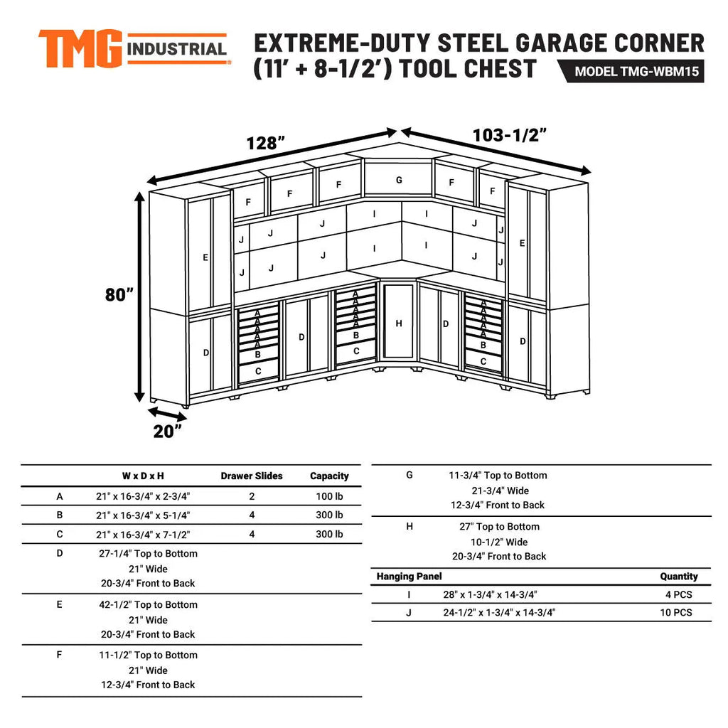 Extreme-Duty Steel Garage Corner (11' + 8.5') Tool Chest w/Pegboard, Power Outlets, USB Port, Magnetic Motion LED Lamps, TMG-WBM15
