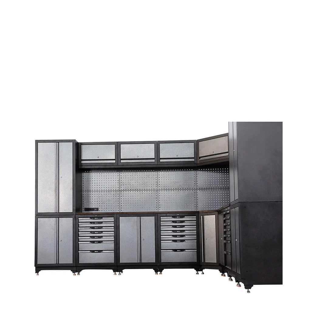 Extreme-Duty Steel Garage Corner (11' + 8.5') Tool Chest w/Pegboard, Power Outlets, USB Port, Magnetic Motion LED Lamps, TMG-WBM15