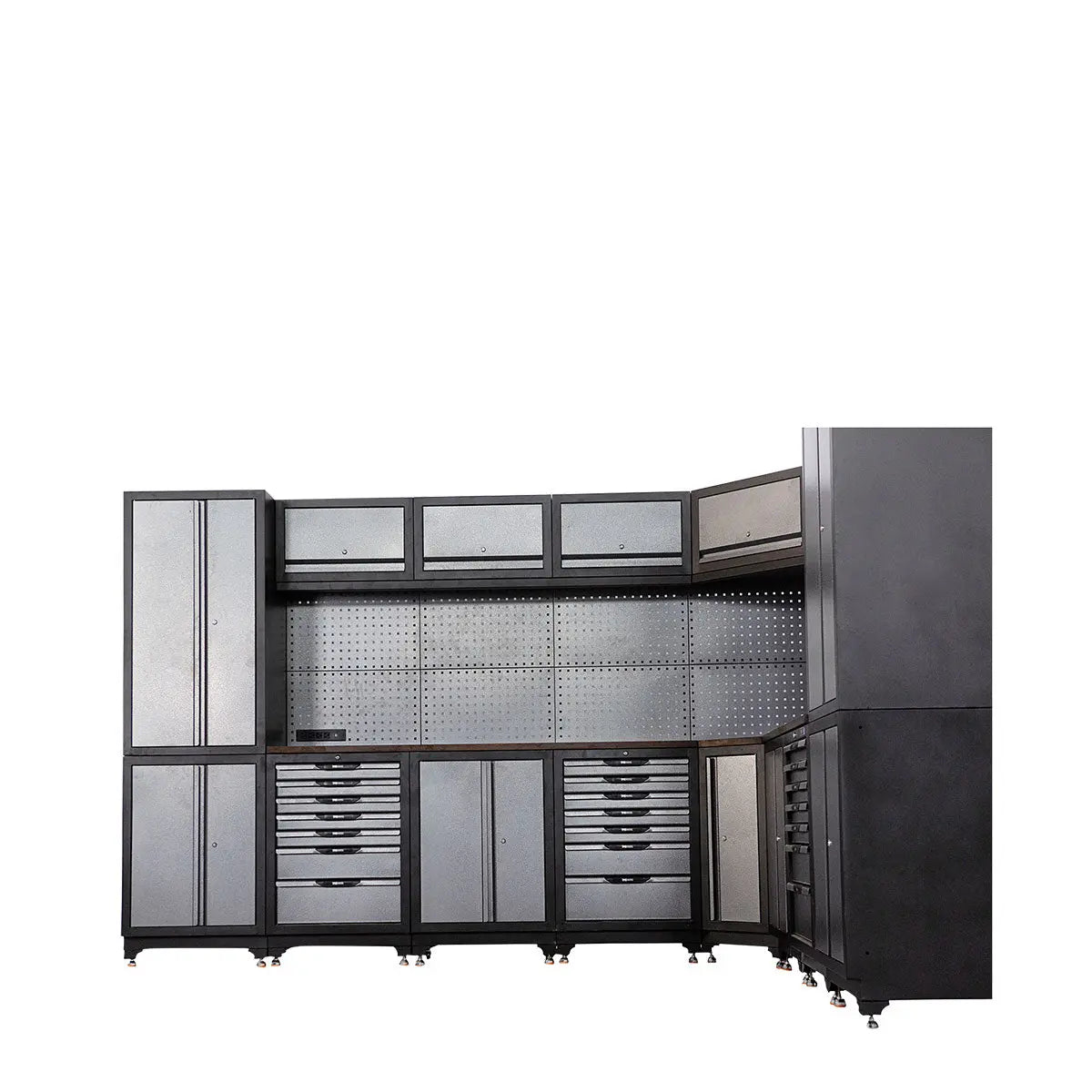 Extreme-Duty Steel Garage Corner (11' + 8.5') Tool Chest w/Pegboard, Power Outlets, USB Port, Magnetic Motion LED Lamps, TMG-WBM15