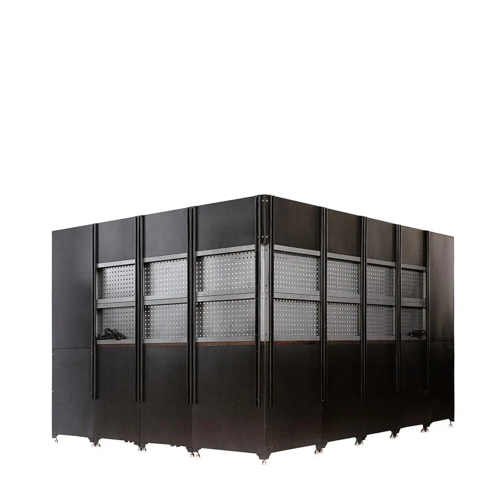 Extreme-Duty Steel Garage Corner (11' + 8.5') Tool Chest w/Pegboard, Power Outlets, USB Port, Magnetic Motion LED Lamps, TMG-WBM15