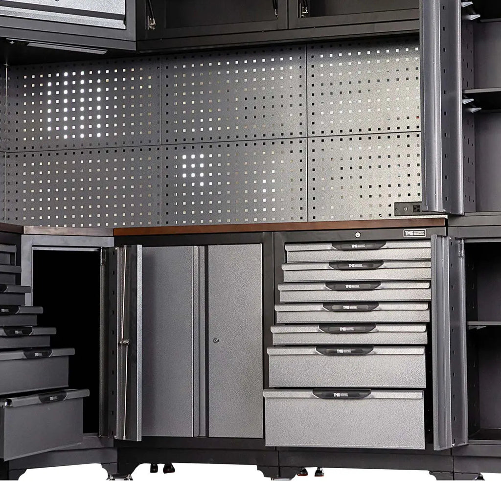 Extreme-Duty Steel Garage Corner (11' + 8.5') Tool Chest w/Pegboard, Power Outlets, USB Port, Magnetic Motion LED Lamps, TMG-WBM15