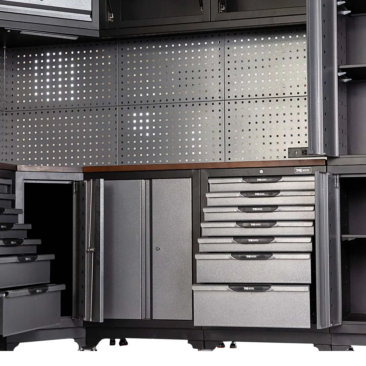 Extreme-Duty Steel Garage Corner (11' + 8.5') Tool Chest w/Pegboard, Power Outlets, USB Port, Magnetic Motion LED Lamps, TMG-WBM15