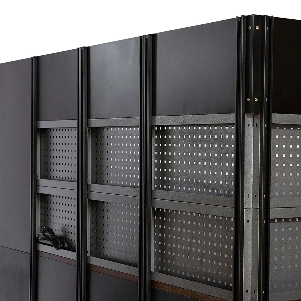 Extreme-Duty Steel Garage Corner (11' + 8.5') Tool Chest w/Pegboard, Power Outlets, USB Port, Magnetic Motion LED Lamps, TMG-WBM15