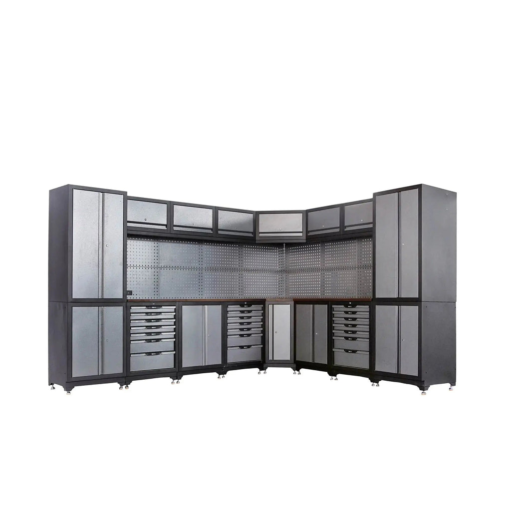 Extreme-Duty Steel Garage Corner (11' + 8.5') Tool Chest w/Pegboard, Power Outlets, USB Port, Magnetic Motion LED Lamps, TMG-WBM15