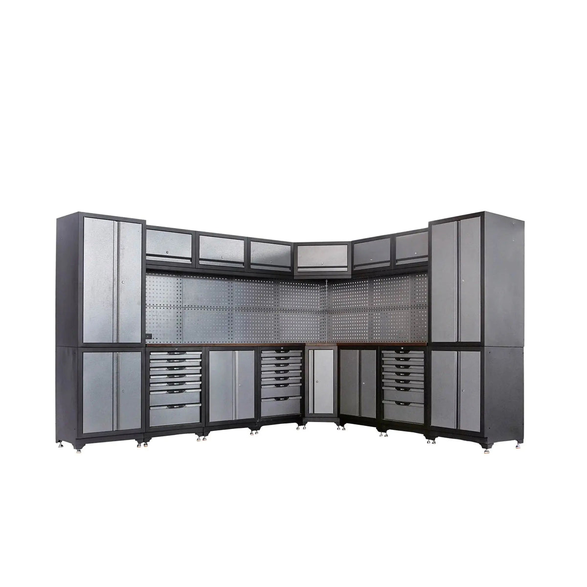 Extreme-Duty Steel Garage Corner (11' + 8.5') Tool Chest w/Pegboard, Power Outlets, USB Port, Magnetic Motion LED Lamps, TMG-WBM15