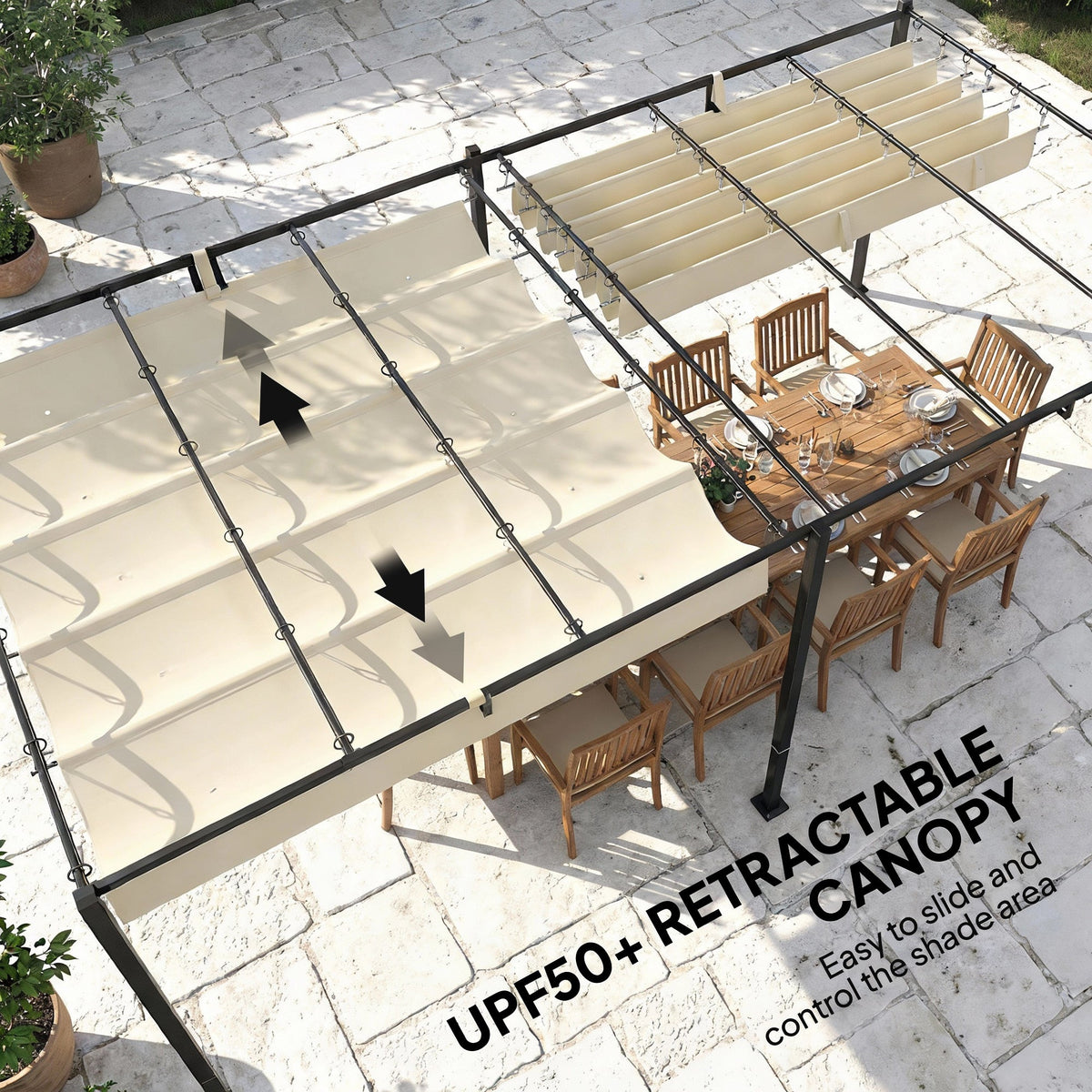 19' x 10' Pergola with Retractable Canopy, Cream White