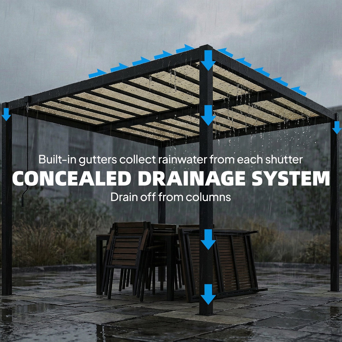 3 x 3 m Louvered Pergola with Adjustable Roof and Gutters, Coffee