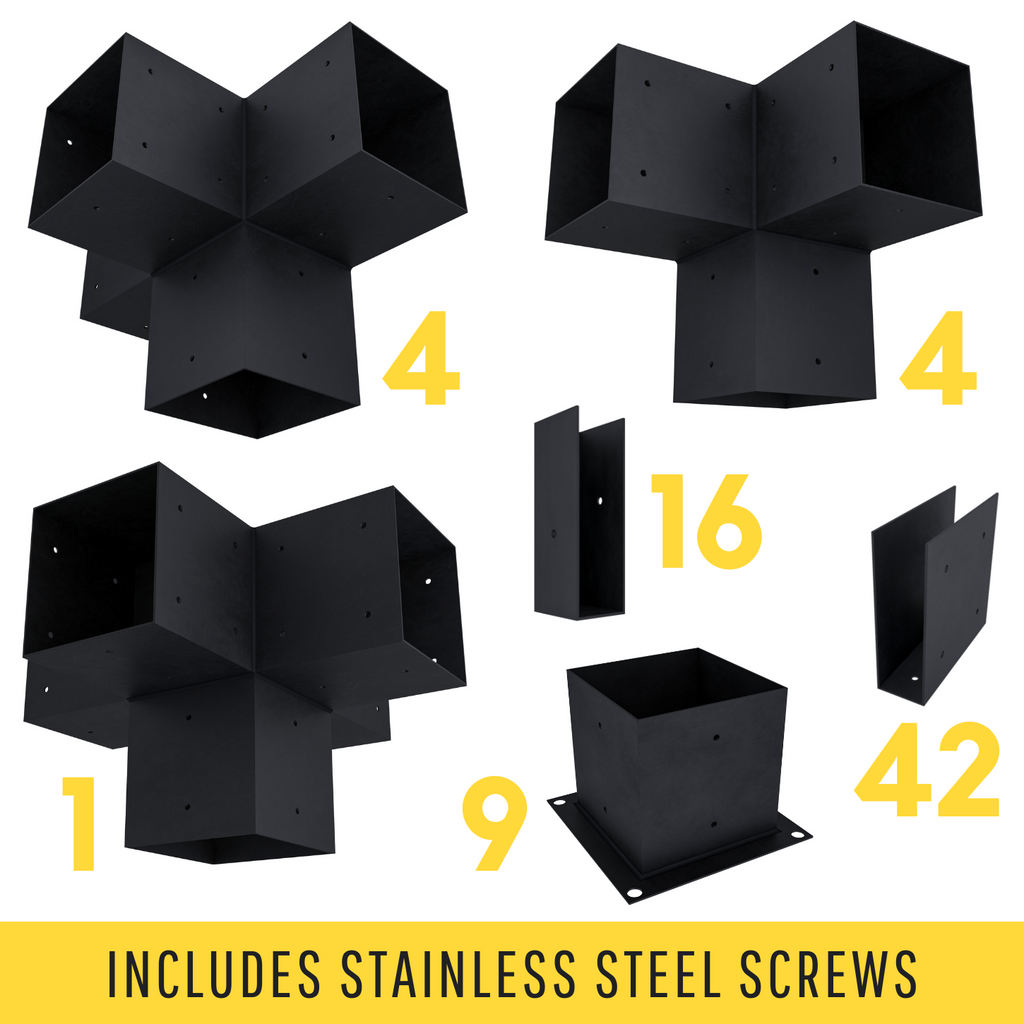 Kit w/ Metal Brackets for Pergola Posts, Roof & Wall(s)