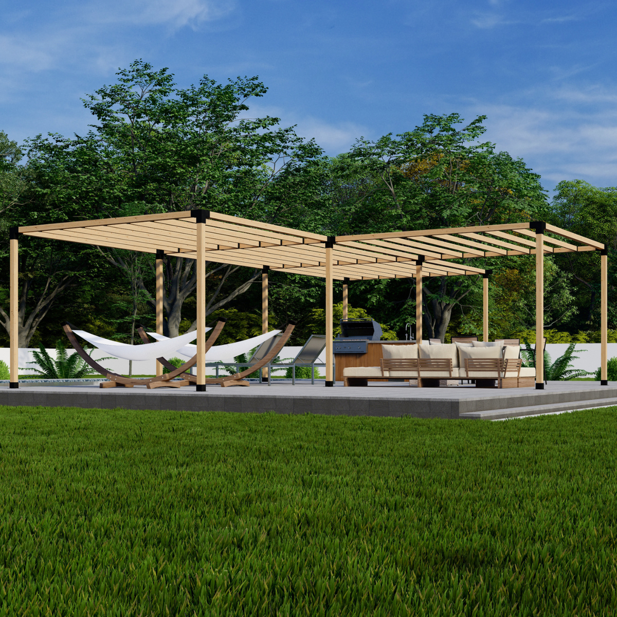 T Pergola Kit For an Up-To 36' x 24' Pergola w/ 4 Blocks Arranged in a "T" shape