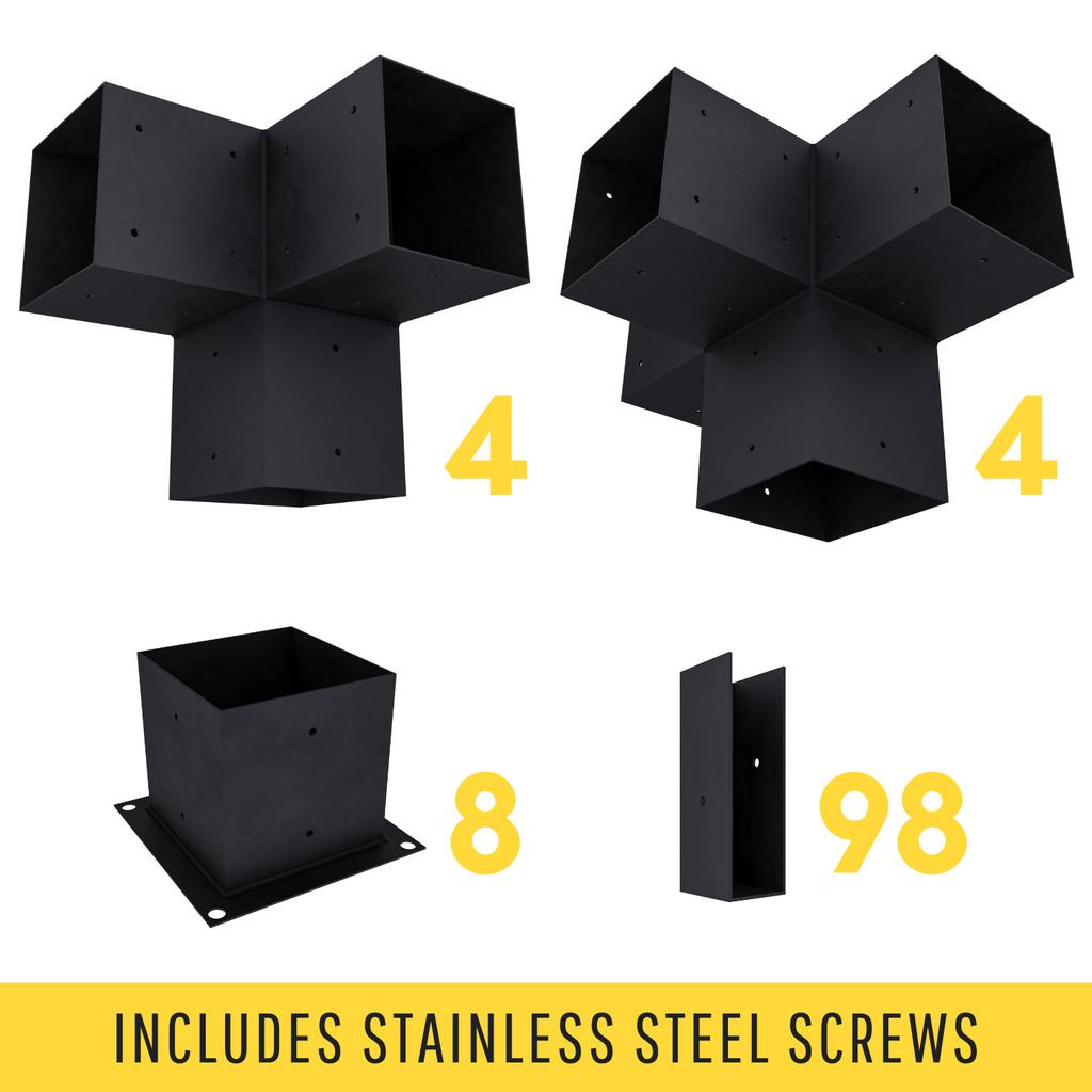 Pergola Kit: 6x6 Brackets for Frame + 2x6 Brackets for Optional Roof/Walls