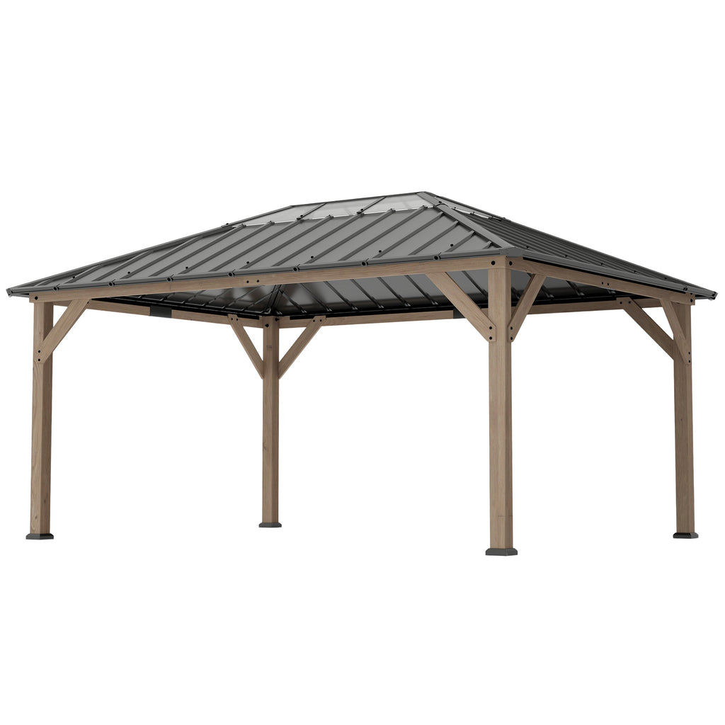 12' x 16' Wood Hardtop Gazebo with Clear Roof, Light Walnut