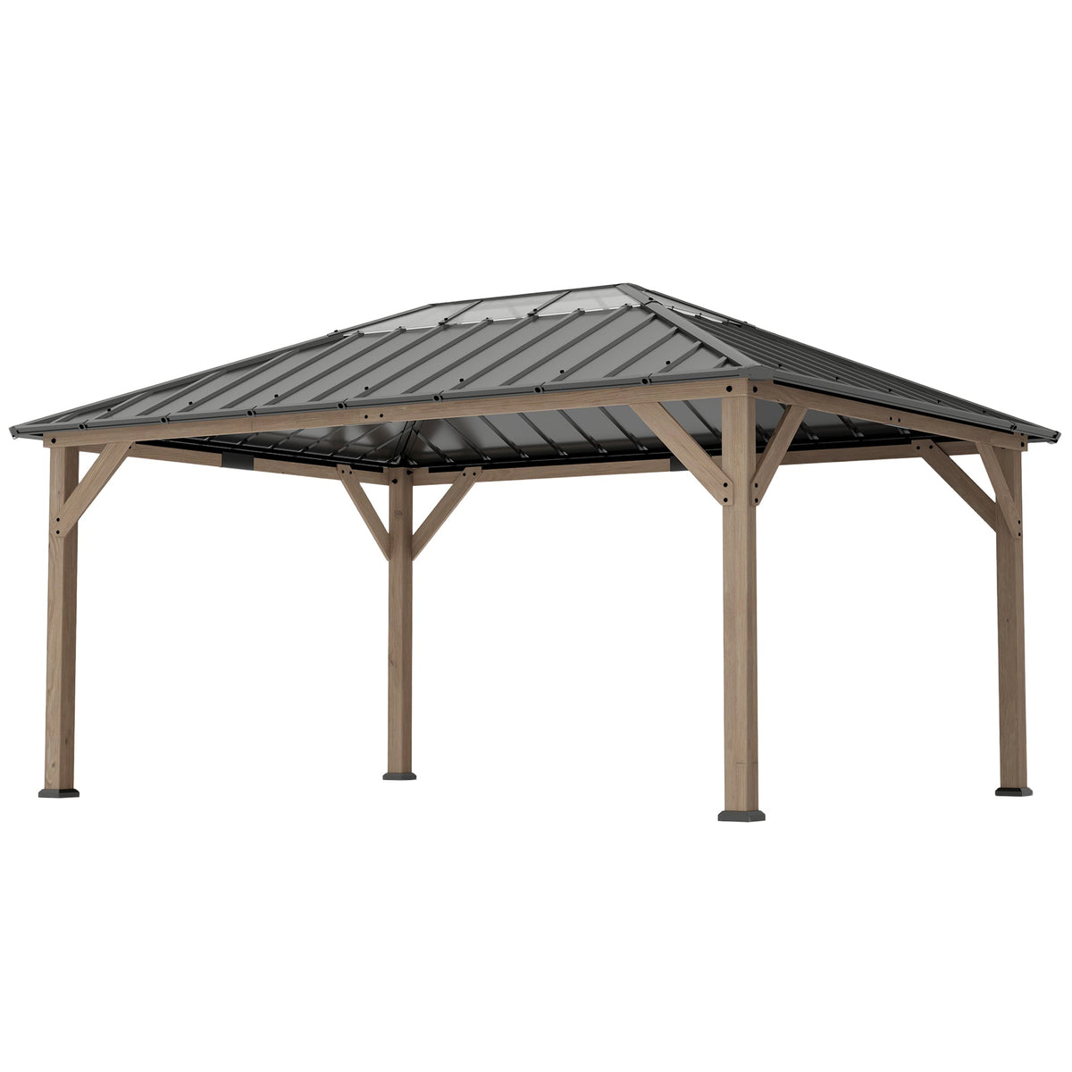 12' x 16' Wood Hardtop Gazebo with Clear Roof, Light Walnut